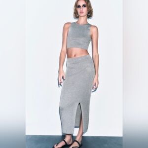 Zara Silver Metallic Thread Knit Top and Midi Skirt Set
